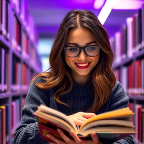 图书馆认真看书的戴眼镜美女图片